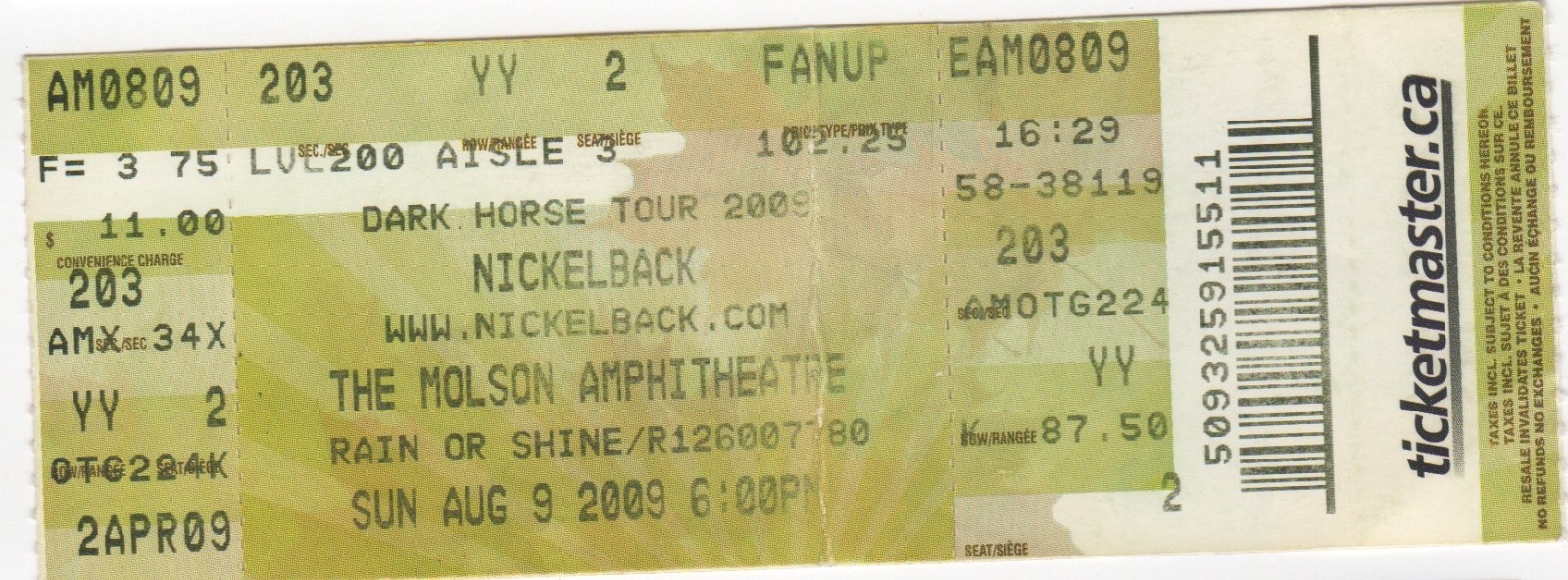 Nickelback Concert Ticket Stub Molson Amphitheatre August 9 2009