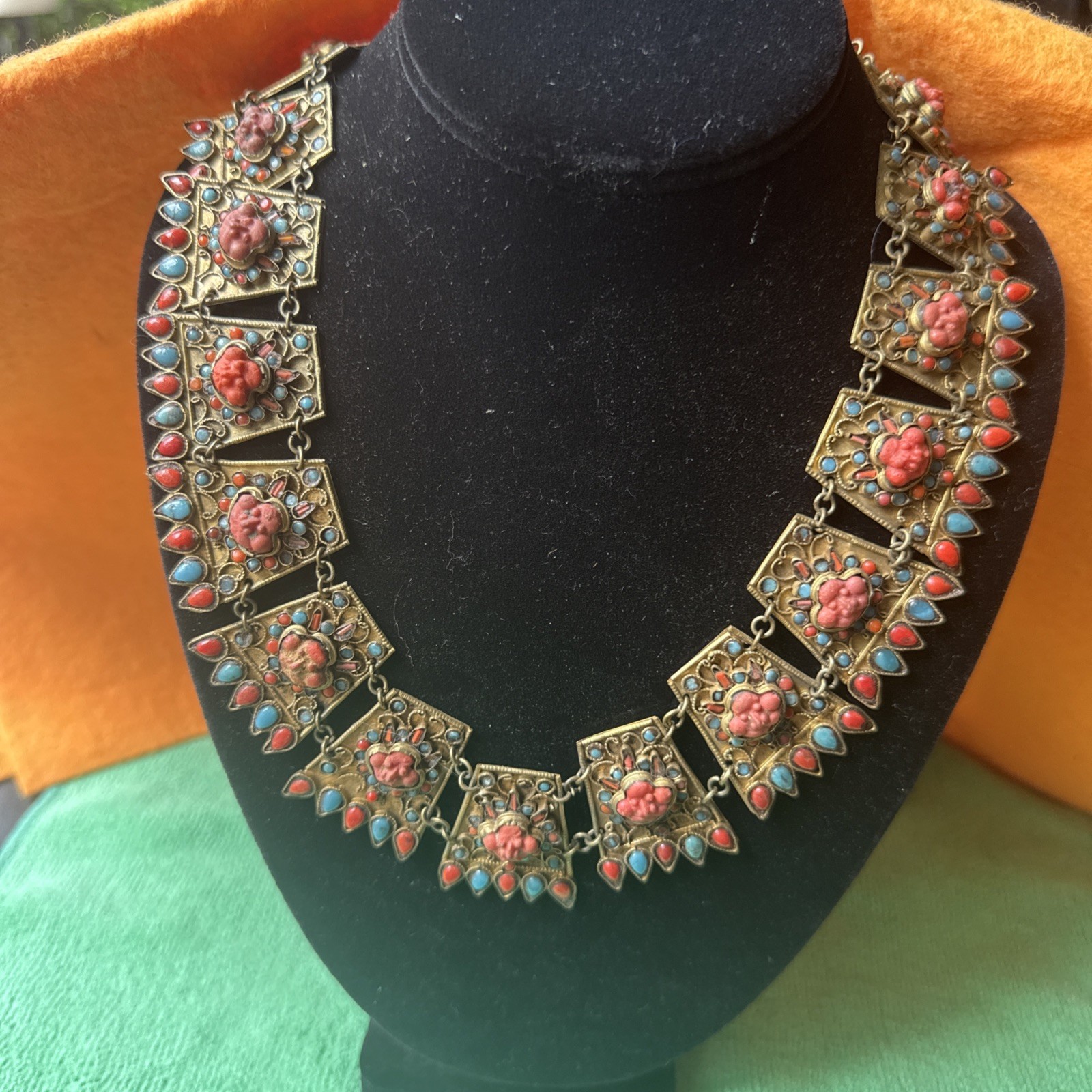 Rare Tibetan Buddhist Coral & Turquoise Collar Bib Necklace Gorgeous Stated GC