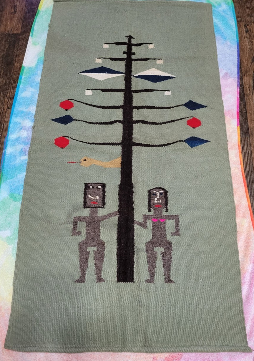 VTG Hand Woven Folk Art Textile Rug/Wall Hanging Tree Of Life Adam-Eve 44"x22"