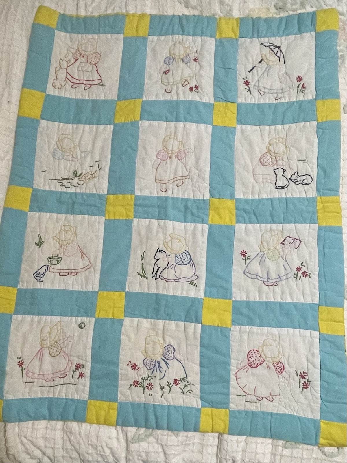Vintage Handmade Baby Quilt Embroidered 30” X 38”~EUC