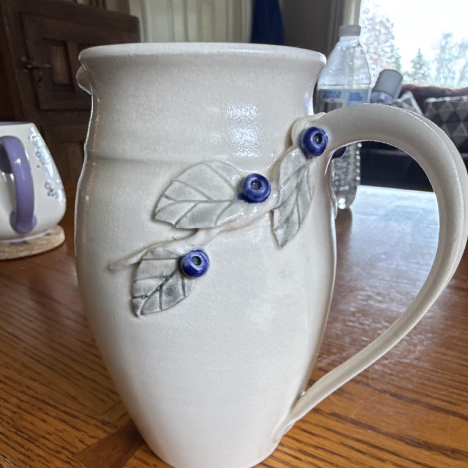 Tilot White Blue Ceramic Glossy Pottery Pitcher Floral Handles Handwritten