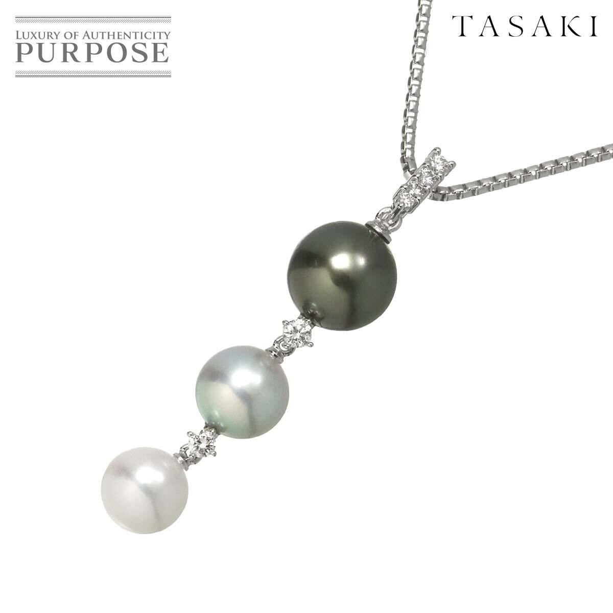 TASAKI Black Pearl Akoya 9.3 7.3mm Diamond 0.15ct Necklace 45cm K18 WG 750 Pearl