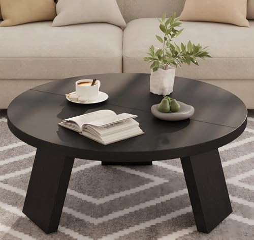  Round Coffee Table, Modern Center Table with Inclined Legs, Accent Black