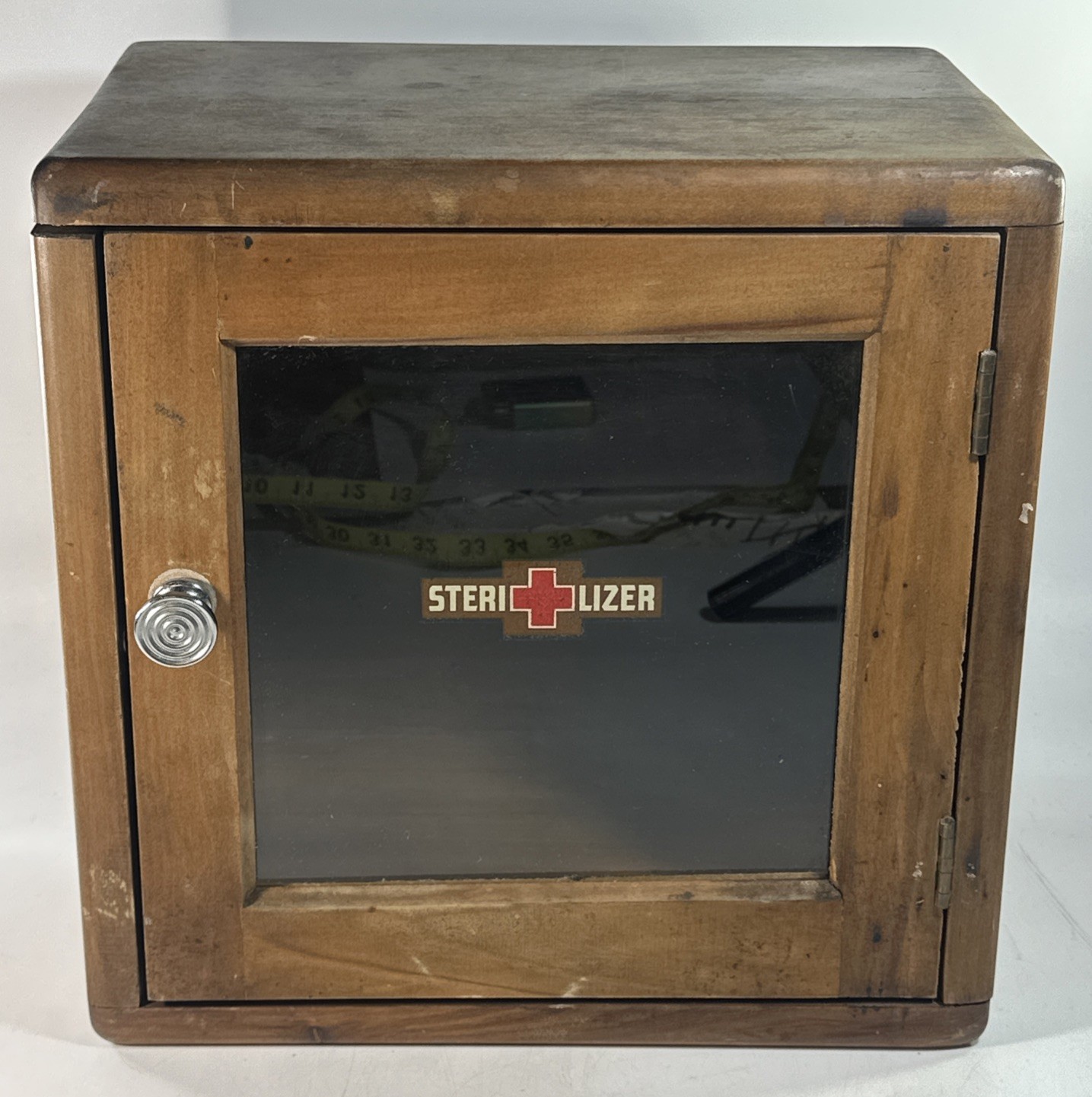 Vintage Antique Barber Sterilizer Medical Cabinet Wood Missing Shelves Nice