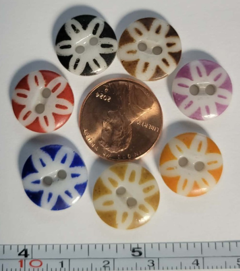 7 ANTIQUE #17 CHINA STENCIL buttons--RAINBOW-- MEDIUM