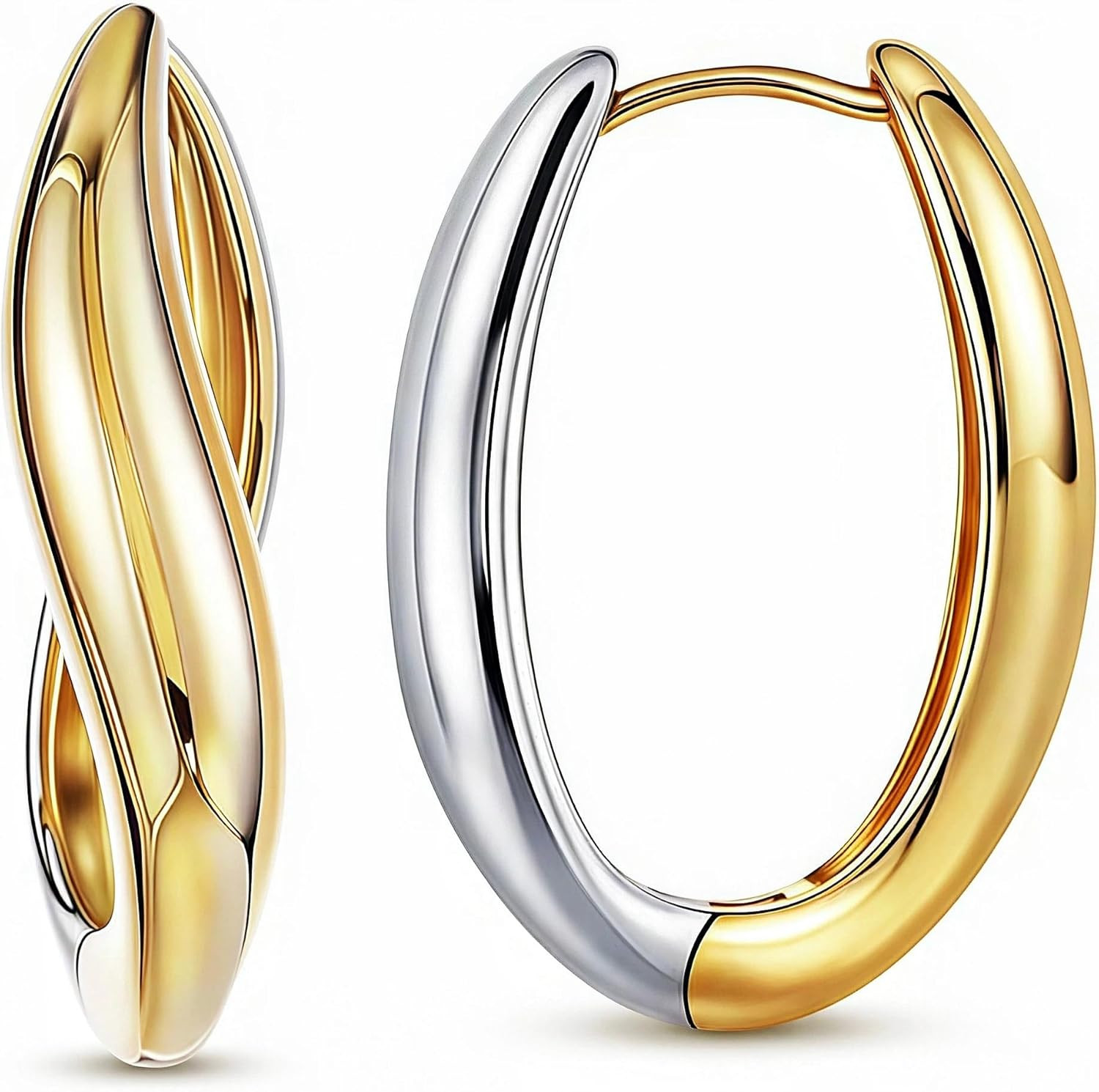 Two Tone Gold and Silver Oval Hoop Earrings for Women 14K Gold Plated Small Chun