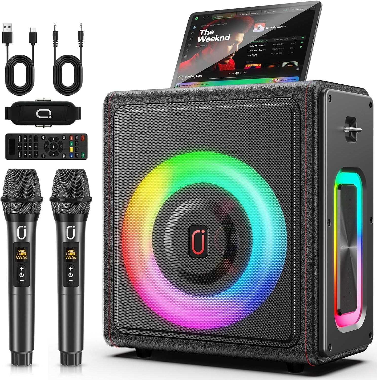Karaoke Machine, Portable Bluetooth 5.3 Speaker with 2 Wireless Microphones for