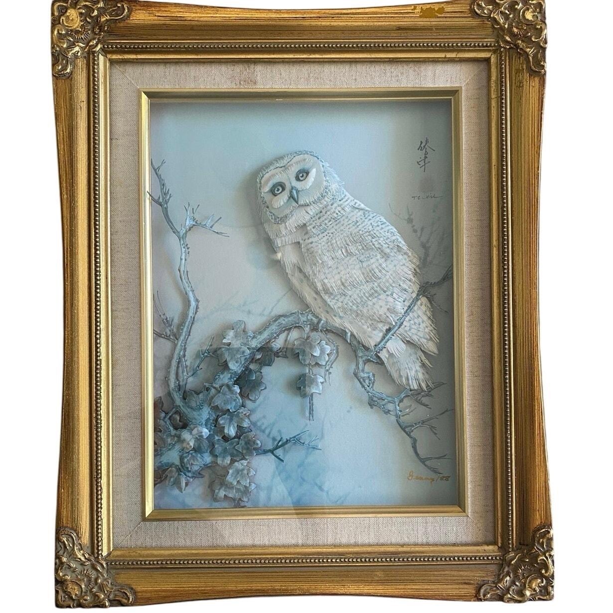 Vintage 3D Owl Framed Paper Artwork TC Chiu,Genny 88 gold Frame 3D