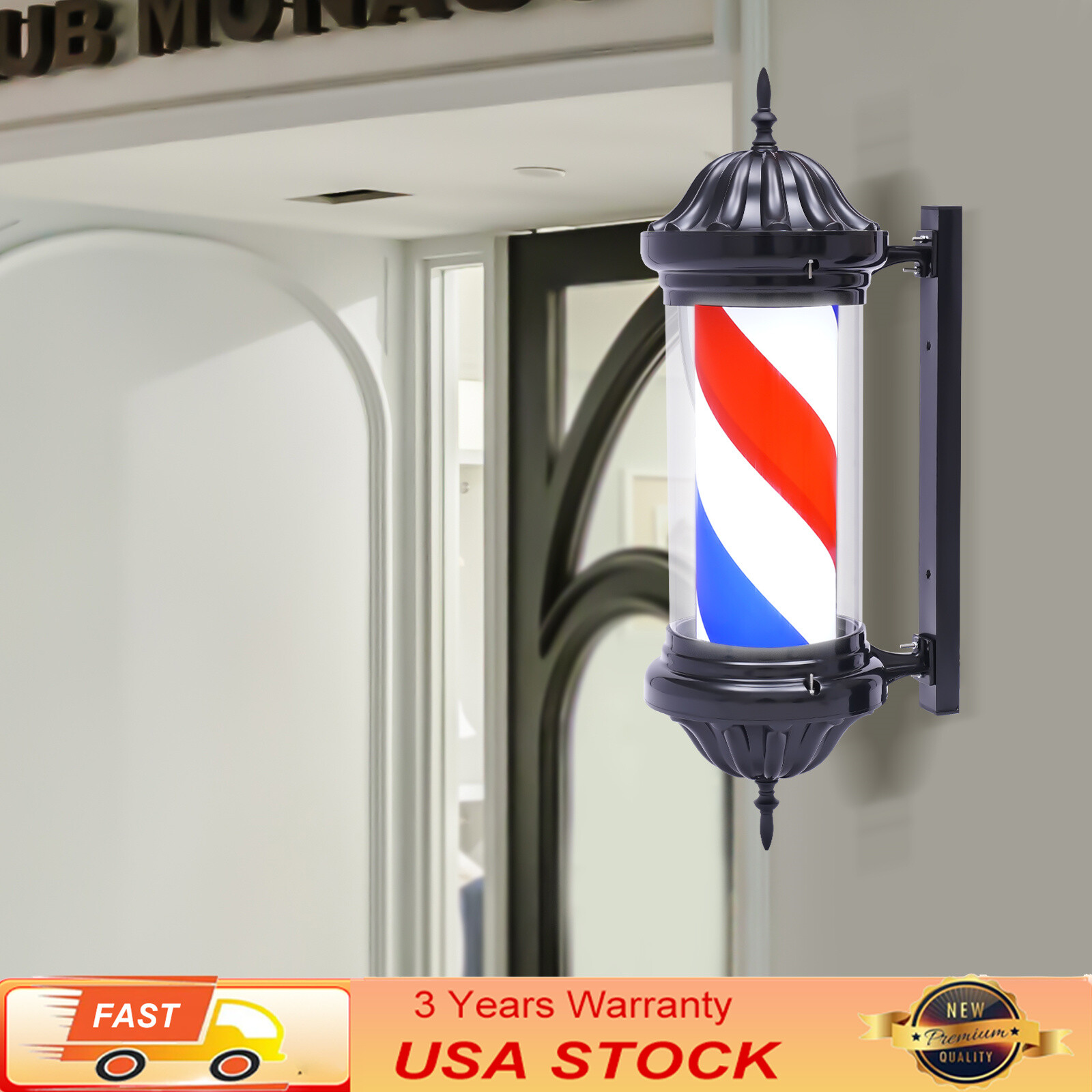 Barber Pole LED Light Red White Blue Rotating Stripes Metal Hair Salon Shop Sign