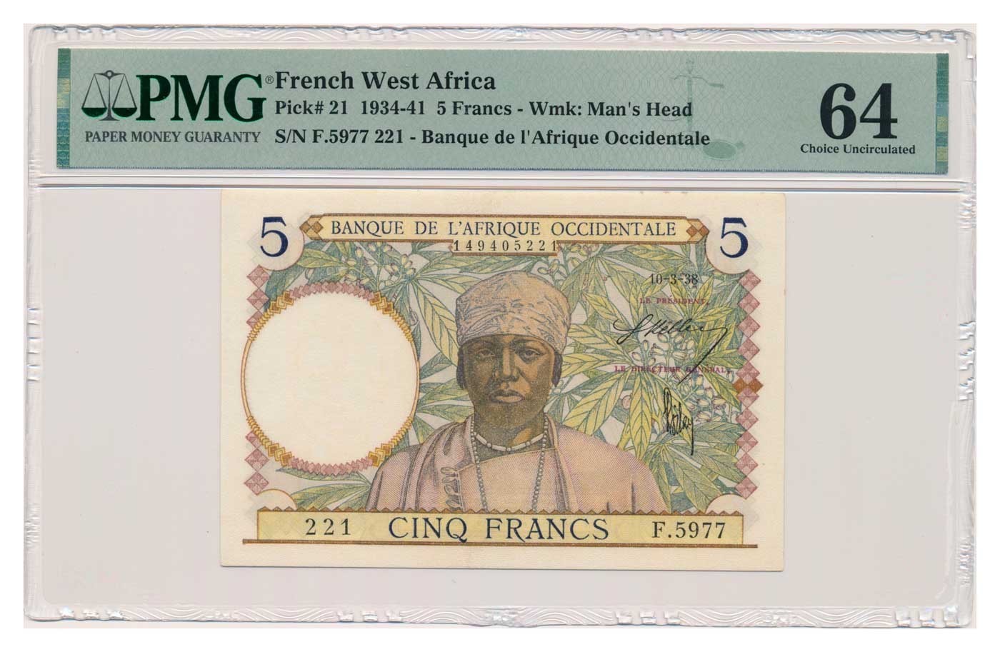 FRENCH WEST AFRICA banknote 5 Francs 10.3.1938 PMG MS 64 Choice Uncirculated