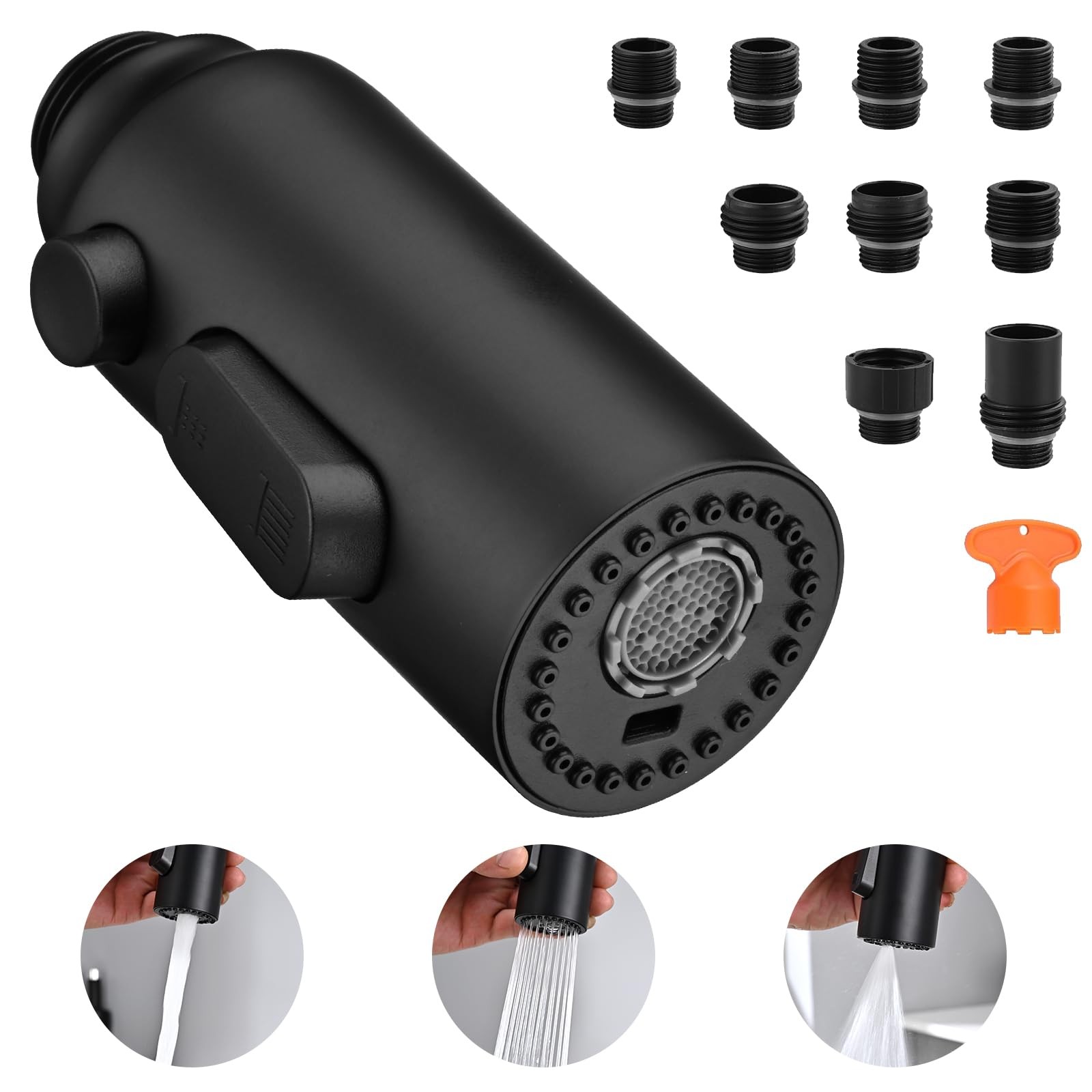 Stainless Steel Kitchen Faucet Head Replacement, Matte Black 3-Function Pull ...