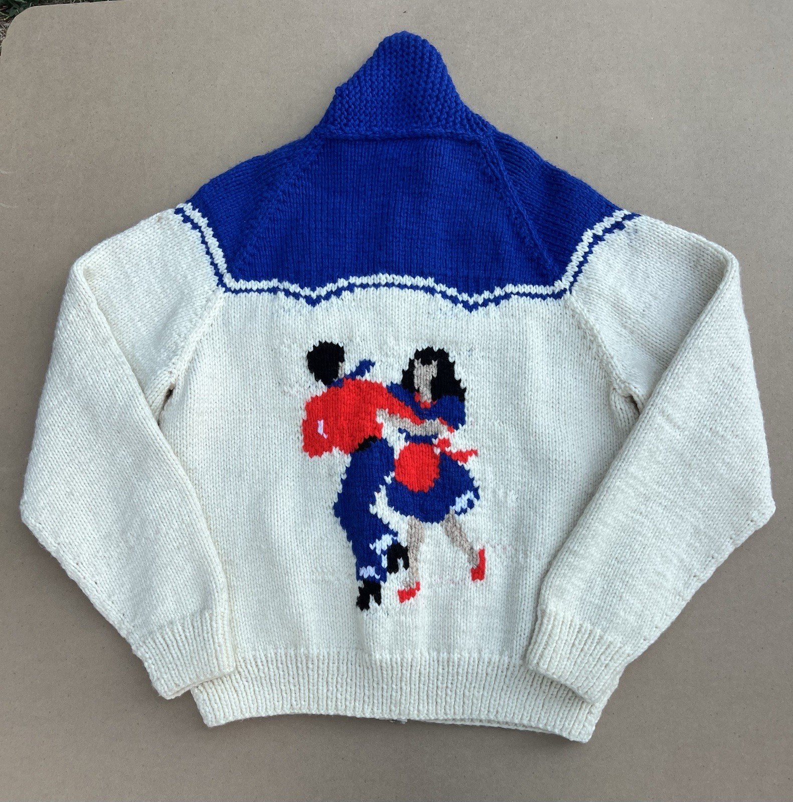 VTG Hand Knit Wool Zip Sweater Jacket Shawl Collar ART Music Dance Graphic