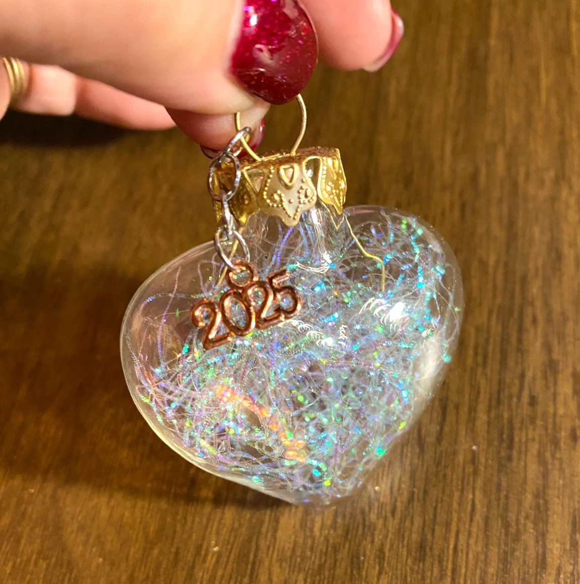 Blown Glass Heart Iridescent Filled 2025 Metal Dangle Christmas Ornament 2 1/4"