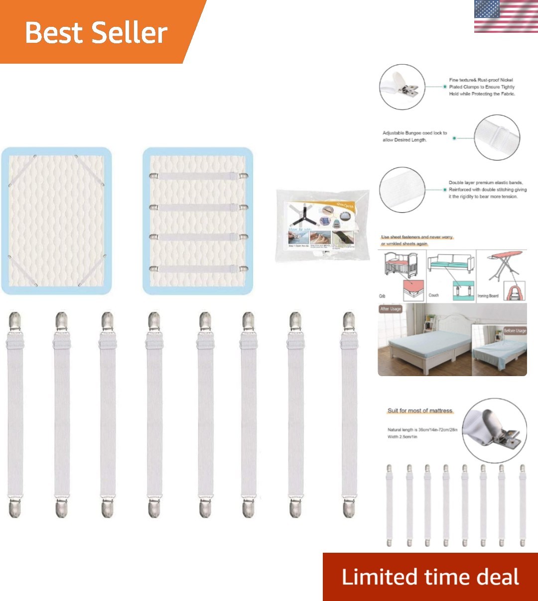 8Pcs Adjustable Bed Sheet Straps Clips, Elastic Mattress Sheet Fasteners Hold...