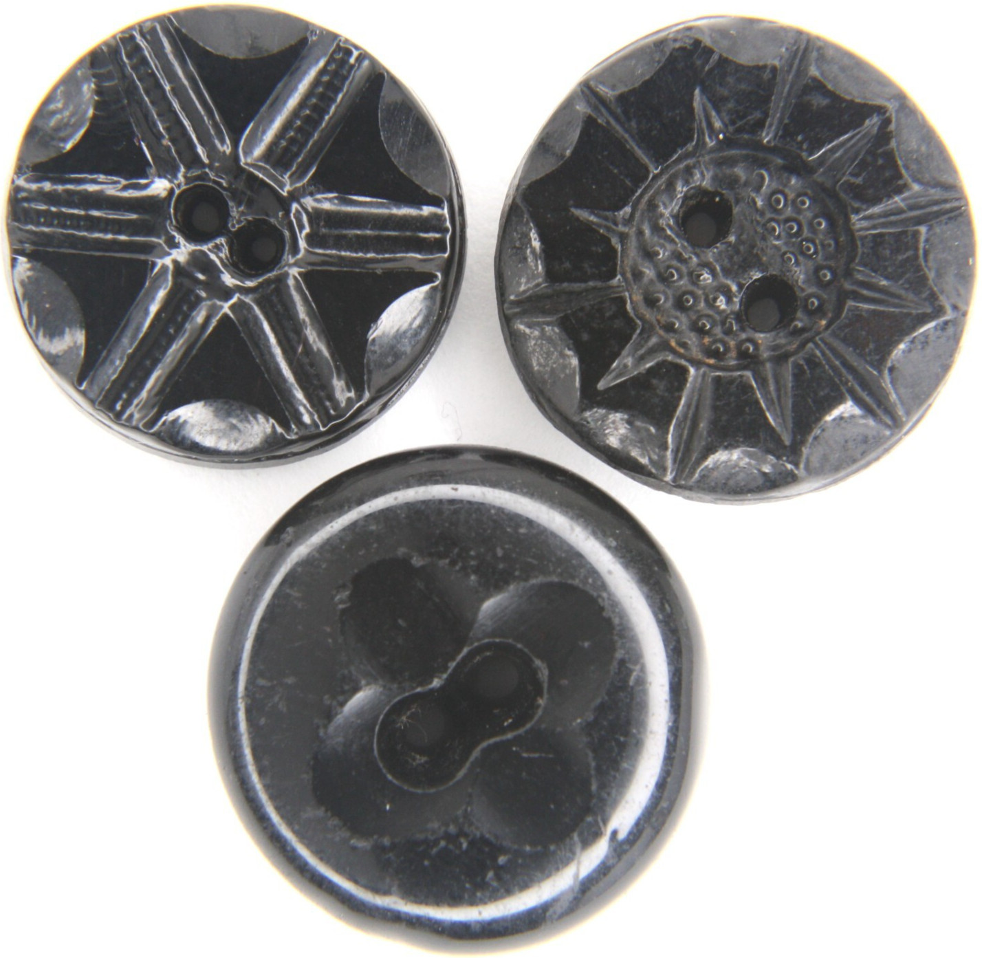 C1890 Antique Victorian Black Glass Button LOT 3 Star Snowflake Starburst Motif