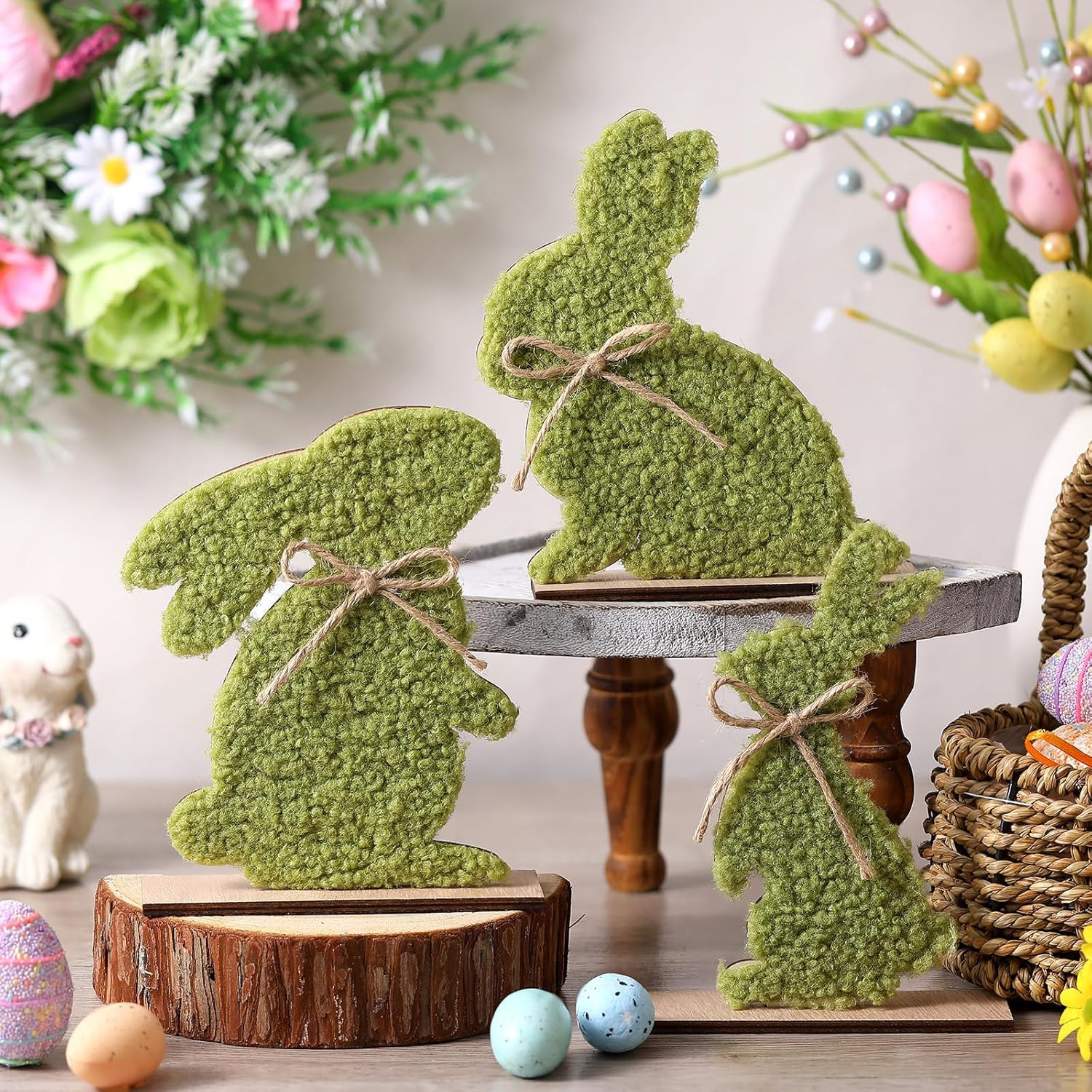 3 Pcs Green Moss Easter Bunny Decor Soft Plush Rustic Rabbit Statues for Spring 