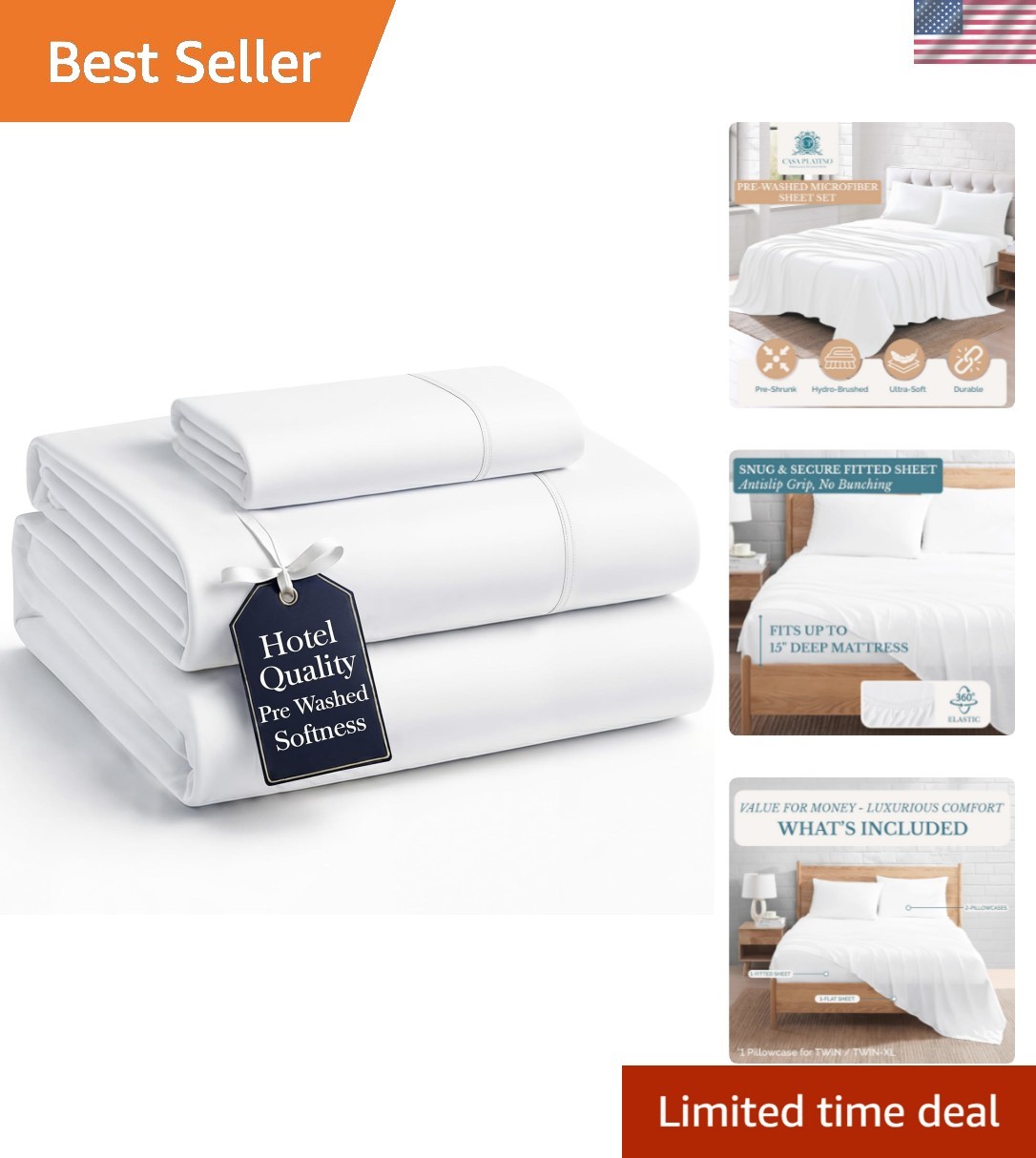 Twin Sheets Set, 100% Brushed Microfiber Pre-Washed Twin Sheet Set, 3 Piece S...
