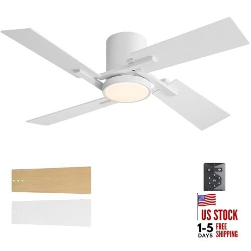  48" Flush Mount Ceiling Fan with Light - 4 Plywood Blades, White and Oak/White