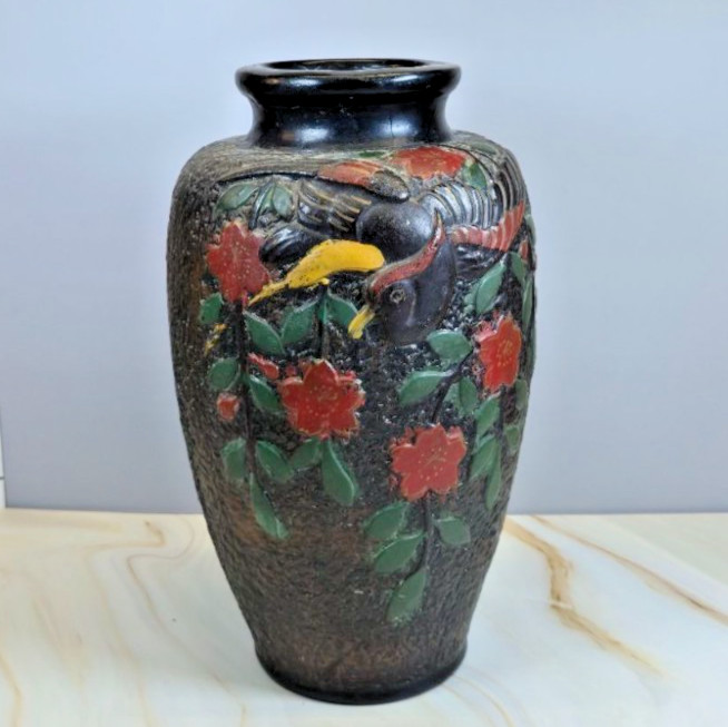 Art Deco Hand Painted Ceramic Vase Raised Bird & Flowers Motif 1940s black Boho