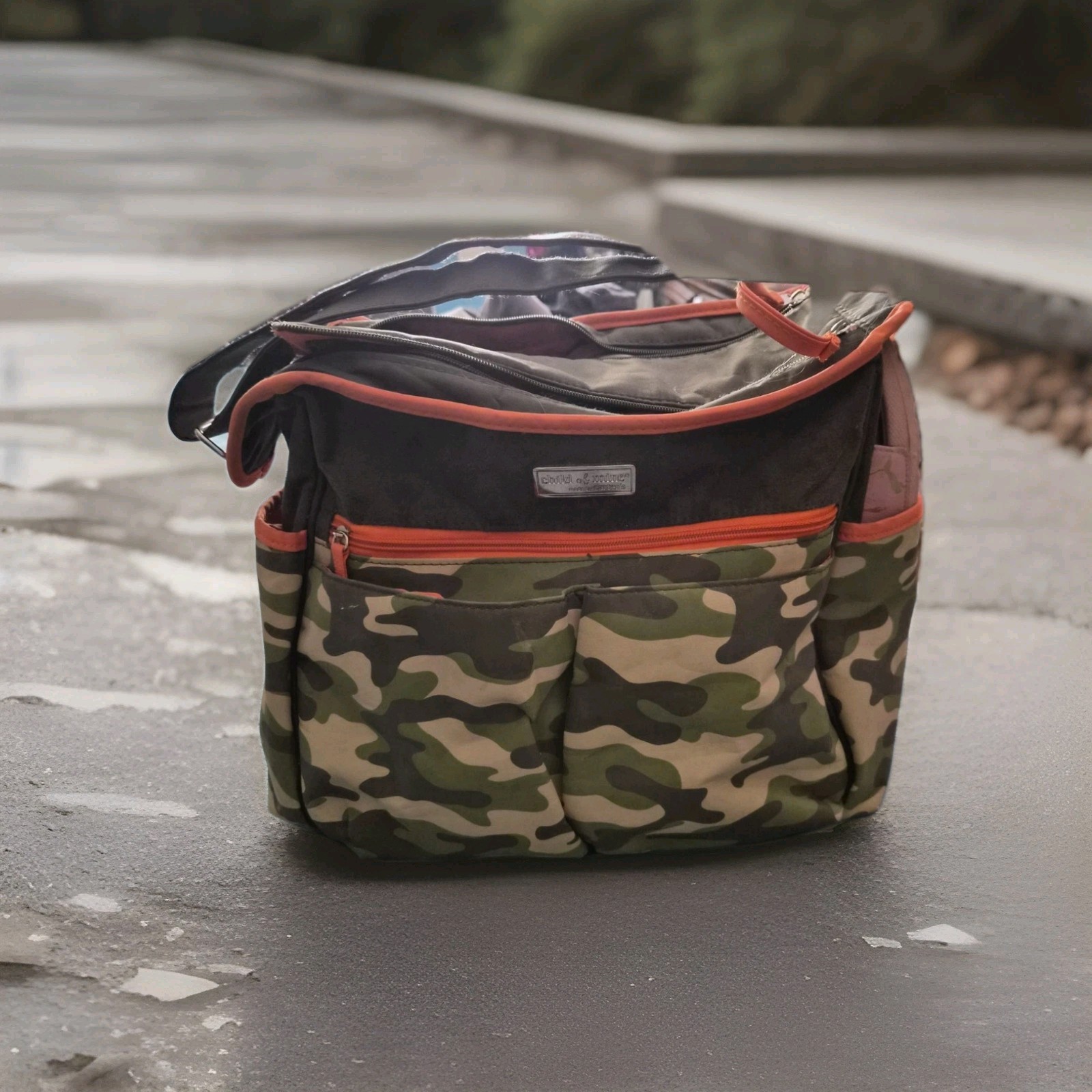 Child of Mine by Carter's Camouflage Messenger Diaper Bag with Orange Trim & Pad