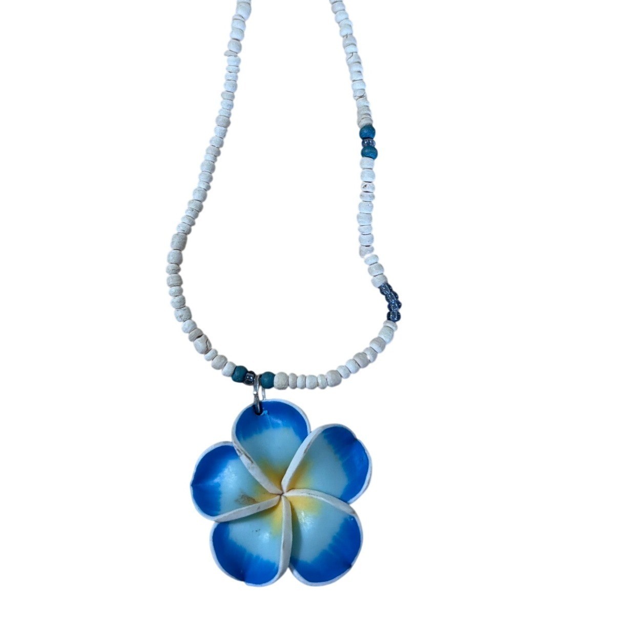 Blue White Plumeria Flower Pendant Wood Bead Necklace Tropical Boh Coastalo
