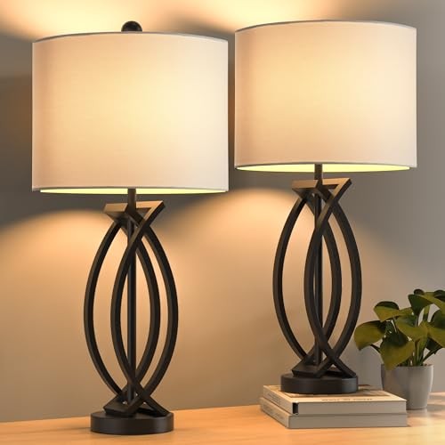 26" Industrial Table Lamps Set of 2, 3-Way Dimmable Farmhouse Nightstand Black