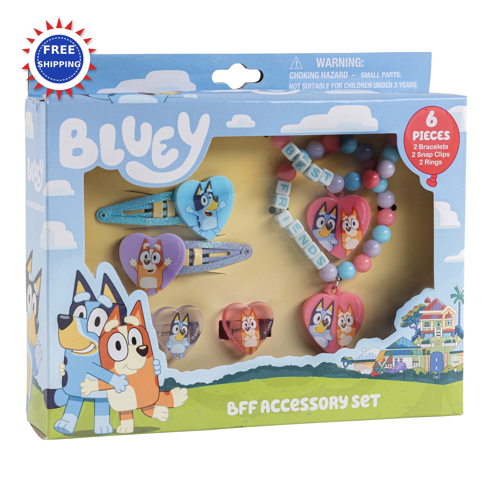 Toy Jewelry Box Set 6 Piece Girls Bluey BFF 2 Rings Bracelets Clips Bead Snap