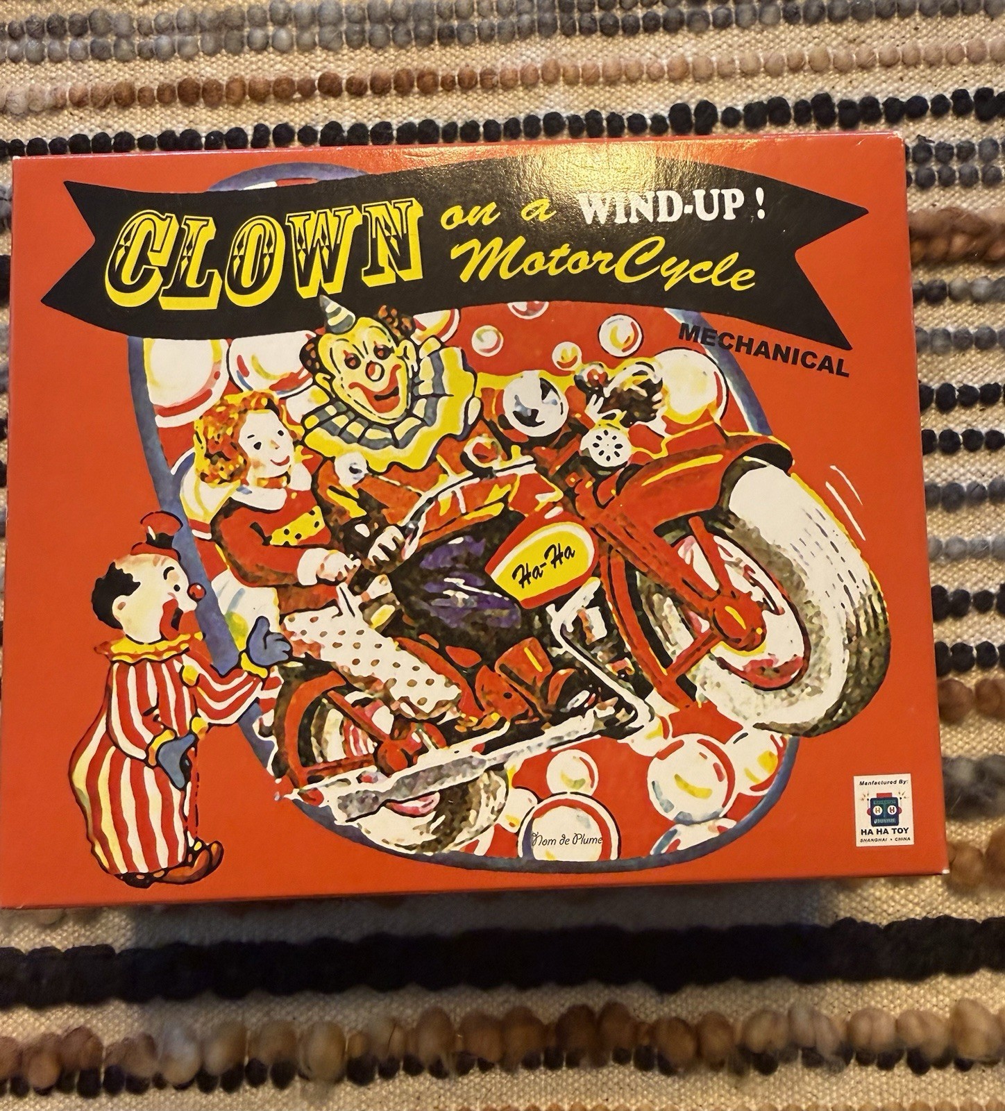  Schylling Clown on a Motorcycle Wind-up Tin Toy, new in box. Mint.
