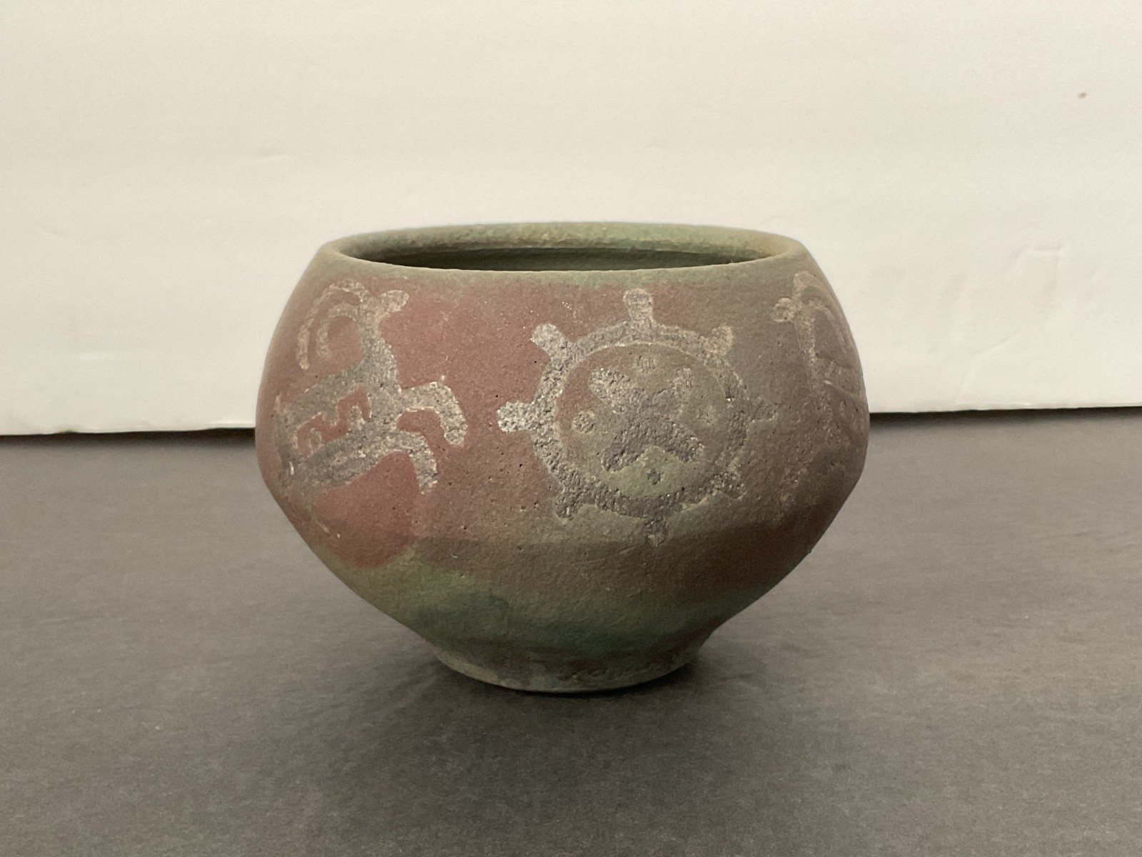 Rick Loewenkamp Signed Raku Pottery Vase, Pot. Southwestern, Kokopelli. 3” - 4”