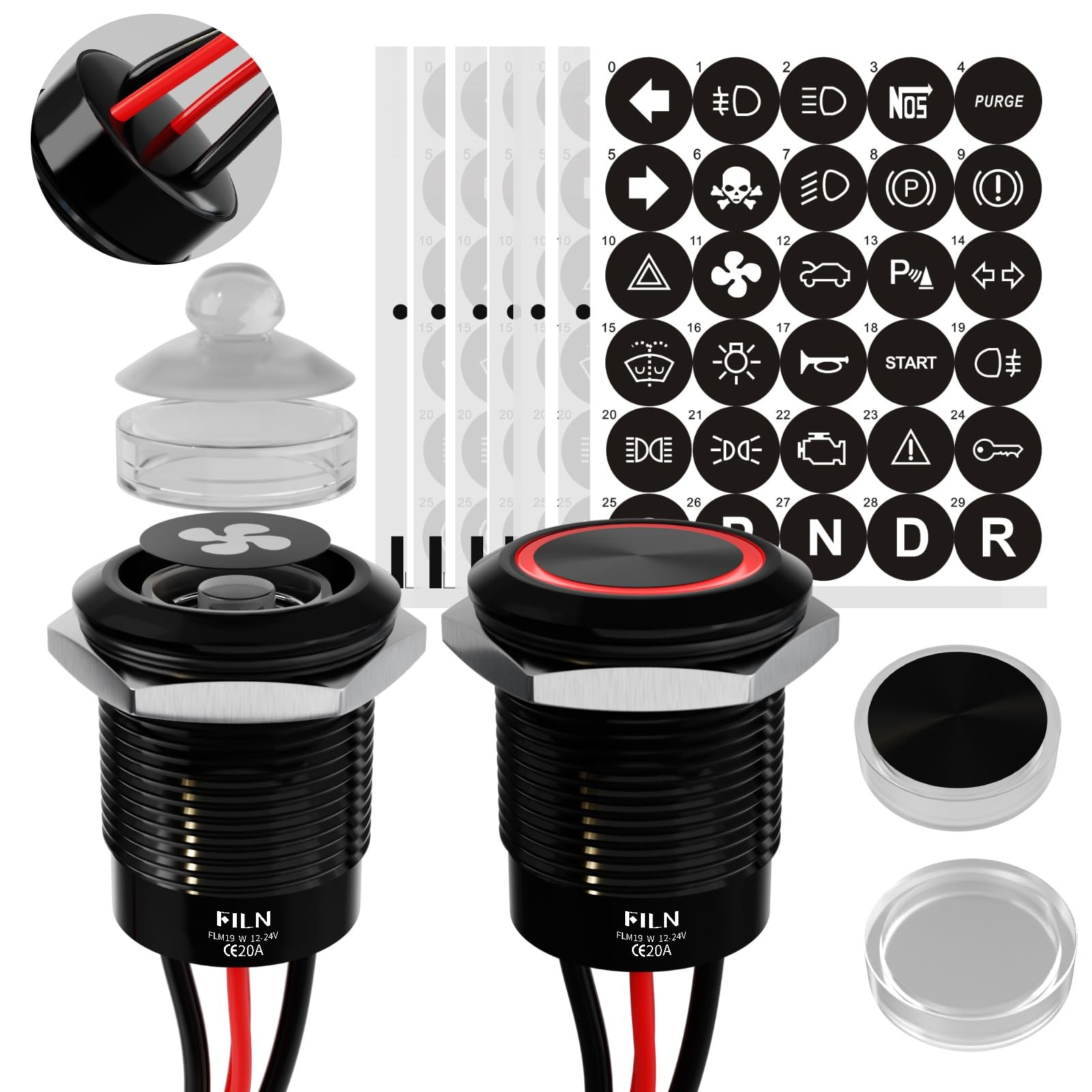 2 PCS 19mm Red LED Momentary Push Button Horn Switch 1224V 20A Waterproof