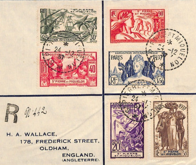 ST PIERRE & MIQUELON Registered 1937 Cover PARIS EXPO Set France Cols RF159