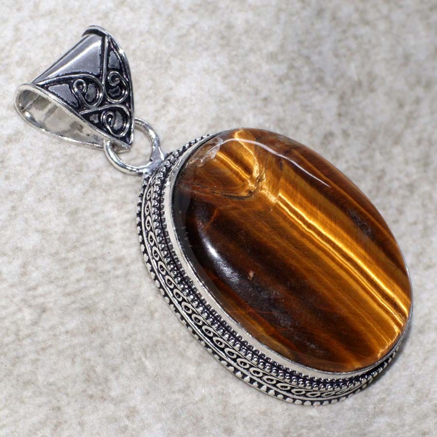 925 Silver Plated Vintage Tiger Eye Pendant Jewelry Size 2.1" GW