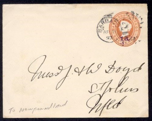 BARBADOS 1d QV OVPT ENVELOPE 1893 TO NFLD