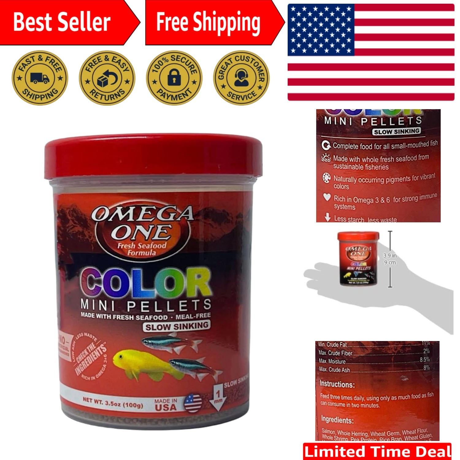 Natural Color Mini Pellets with Salmon - Eco-Friendly Fish Nutrition, 3.5 oz