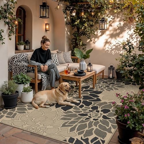 5x8 Easy Jute Outdoor Rug Black Floral Textured Indoor Outdoor Area Rug 