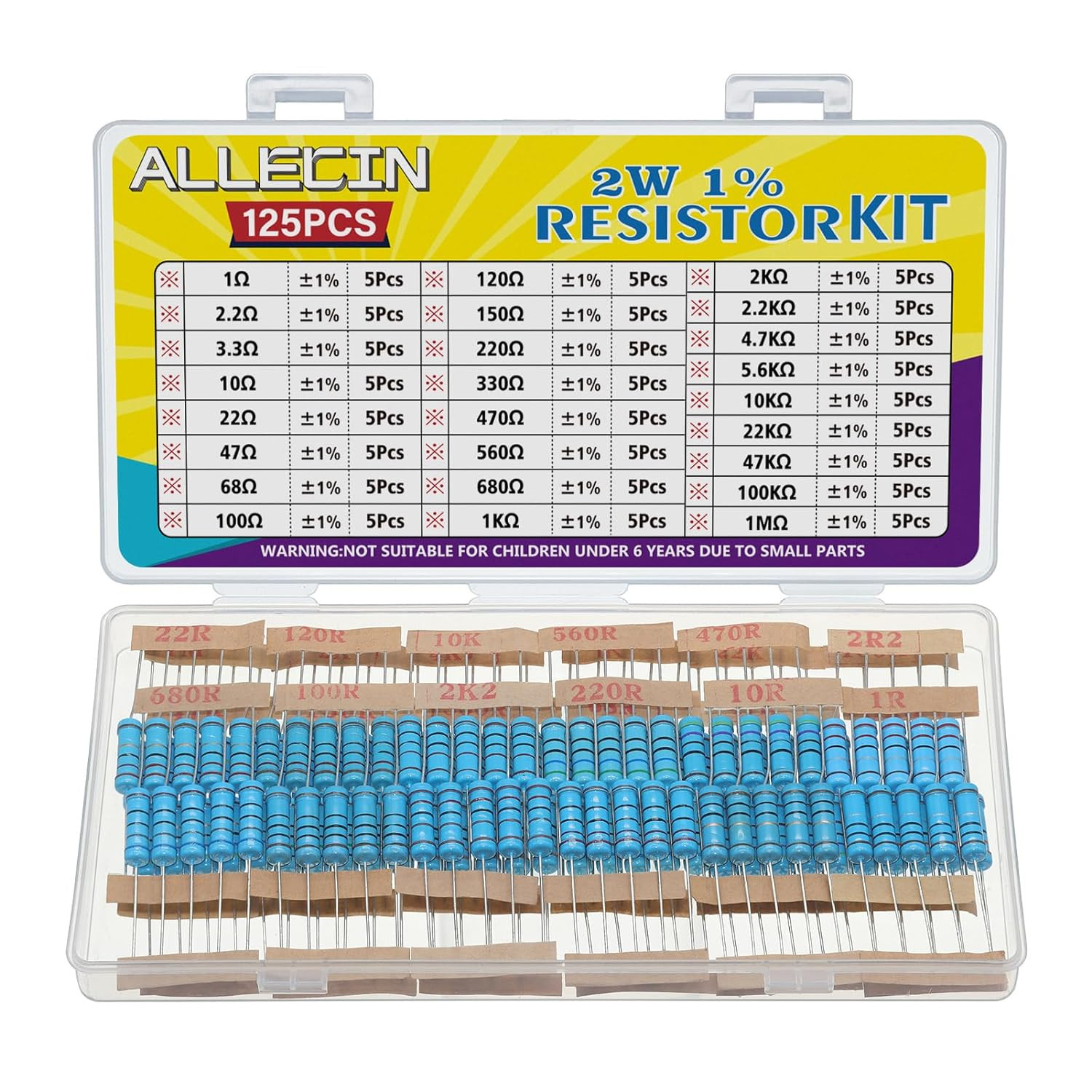 25 Values 2W Metal Film Resistor Kit from 1 Ohm to 1M Ohm 2 Watt 1% Resistors As