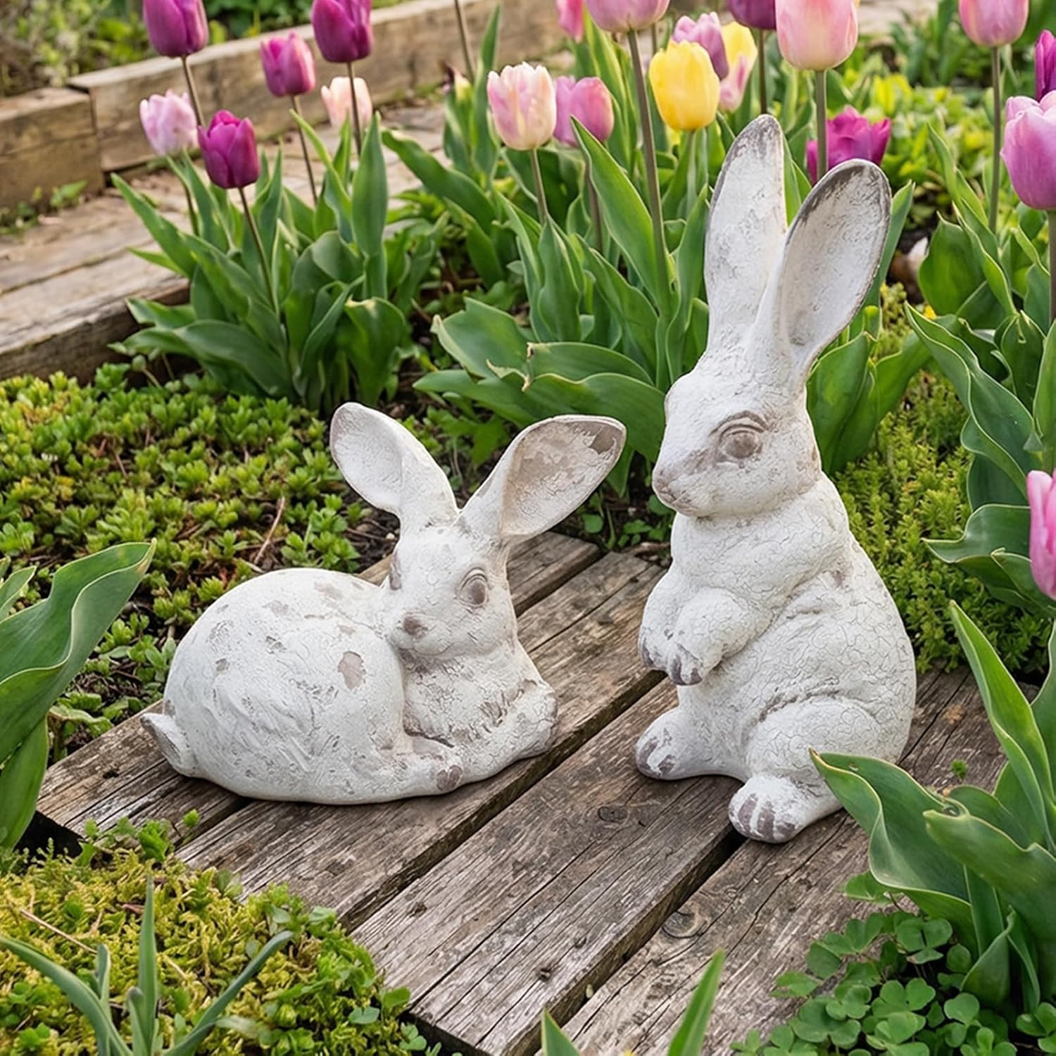Easter Bunny Decorations Set of 2, Distressed White Resin Rabbit Figurines, Spri