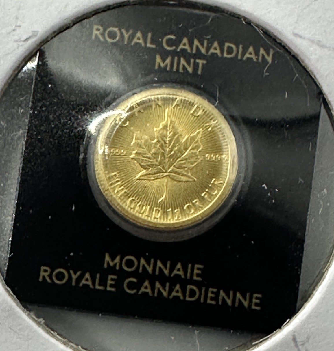 1 gram .999 Gold Maple Leaf Maplegram  In Assay BU Royal Canadian Mint 50c Coin
