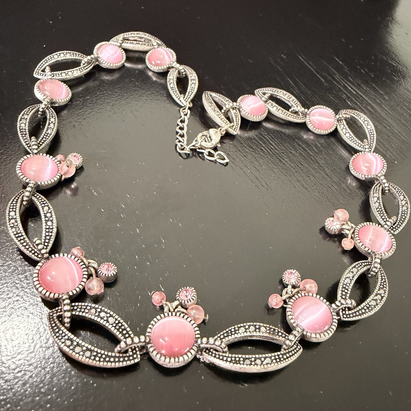 Vintage Pink Cats Eye Cabochon Marcasite Style Link Necklace 16in