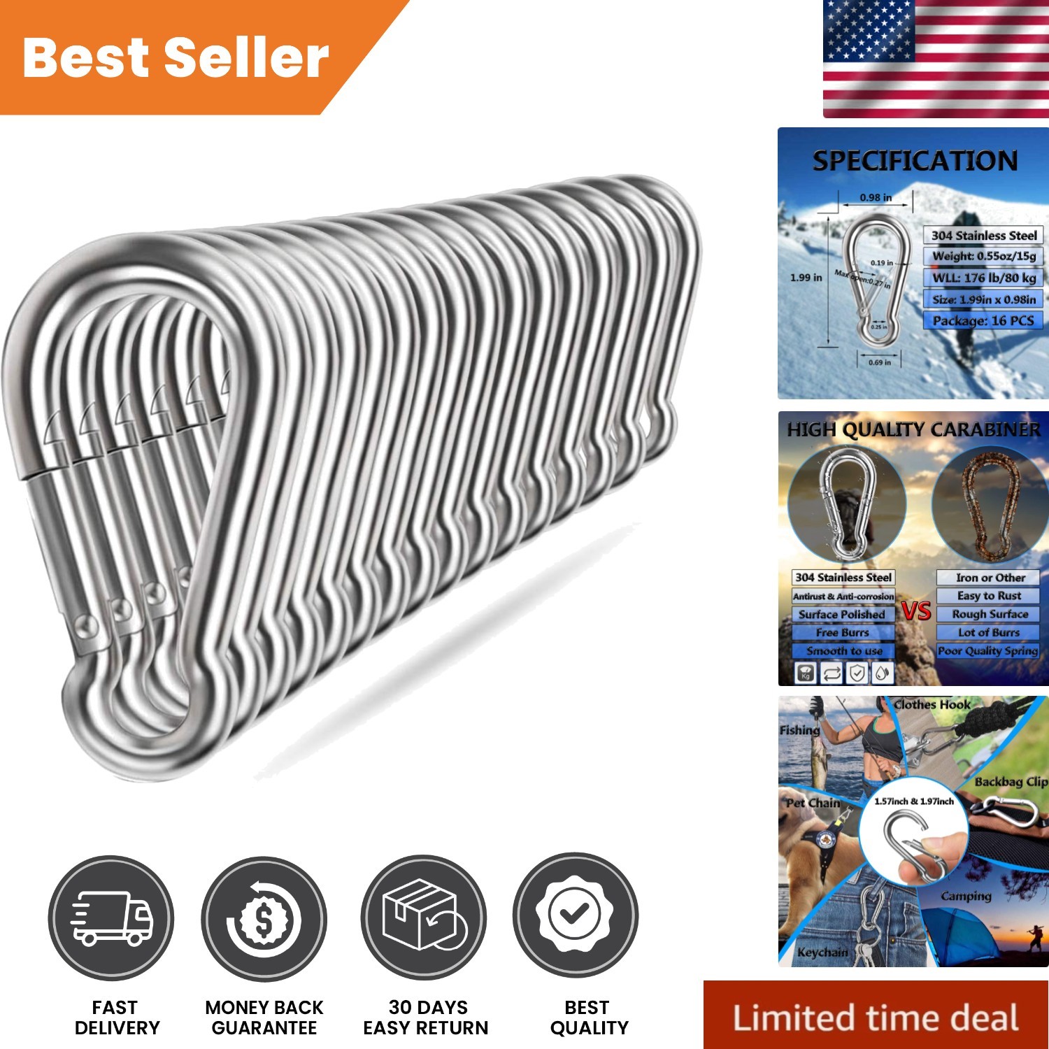 16-Pack Heavy Duty 304 Stainless Steel Spring Snap Hooks - Secure Outdoor Gear