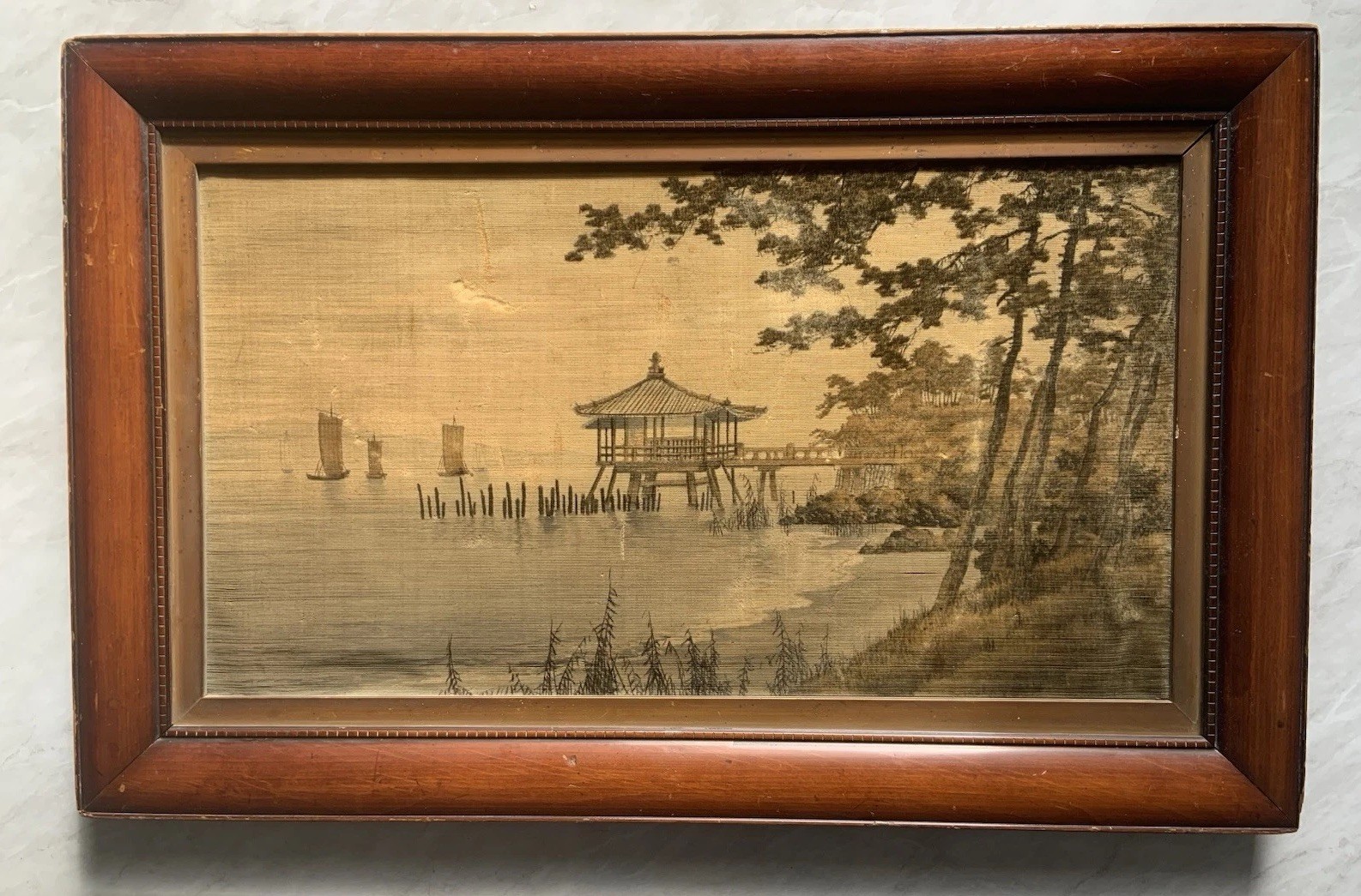 Japanese Yuzen-Birodo Shin- Hanga Traditional Lake Landscape Temple Pavilion VTG