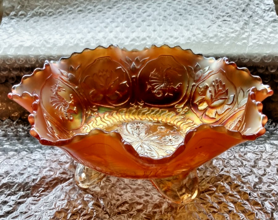 RARE Fenton Dragon Lotus Spatula Ft Marigold Carnival Glass Ruffle Sawtooth Bowl