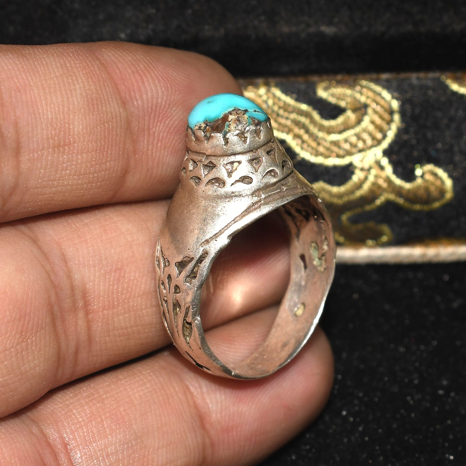 Authentic Antique Old Solid Silver ring with Turquoise Stone Bezel