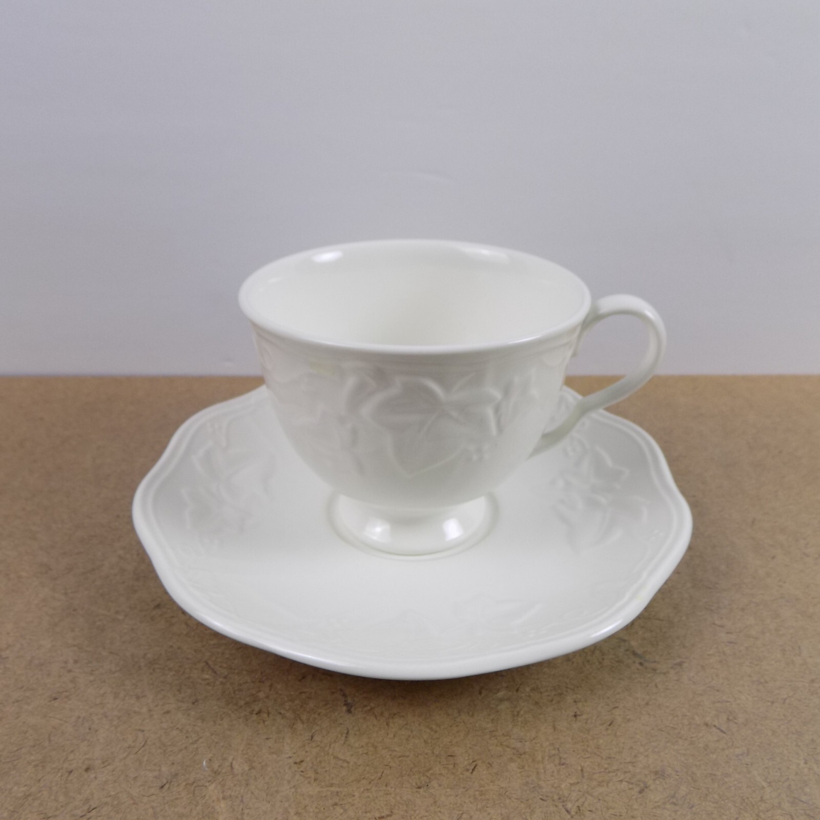 Lot of 7 Mikasa Parisian Ivy Cups & Saucers White Porcelain Embossed