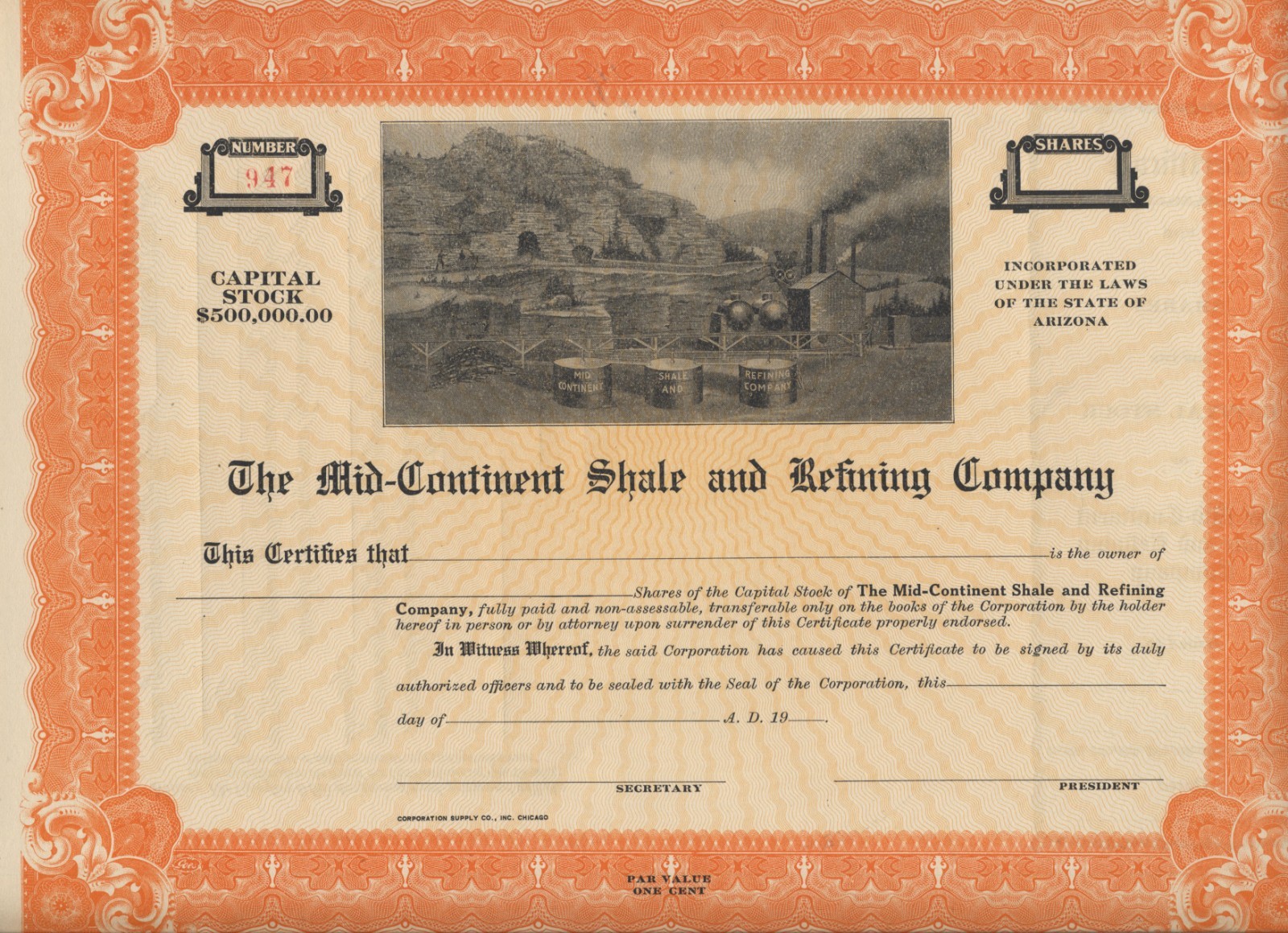 1920s Mid-Continent Shale &Refining Stock Certificate #947 Specimen Unissued