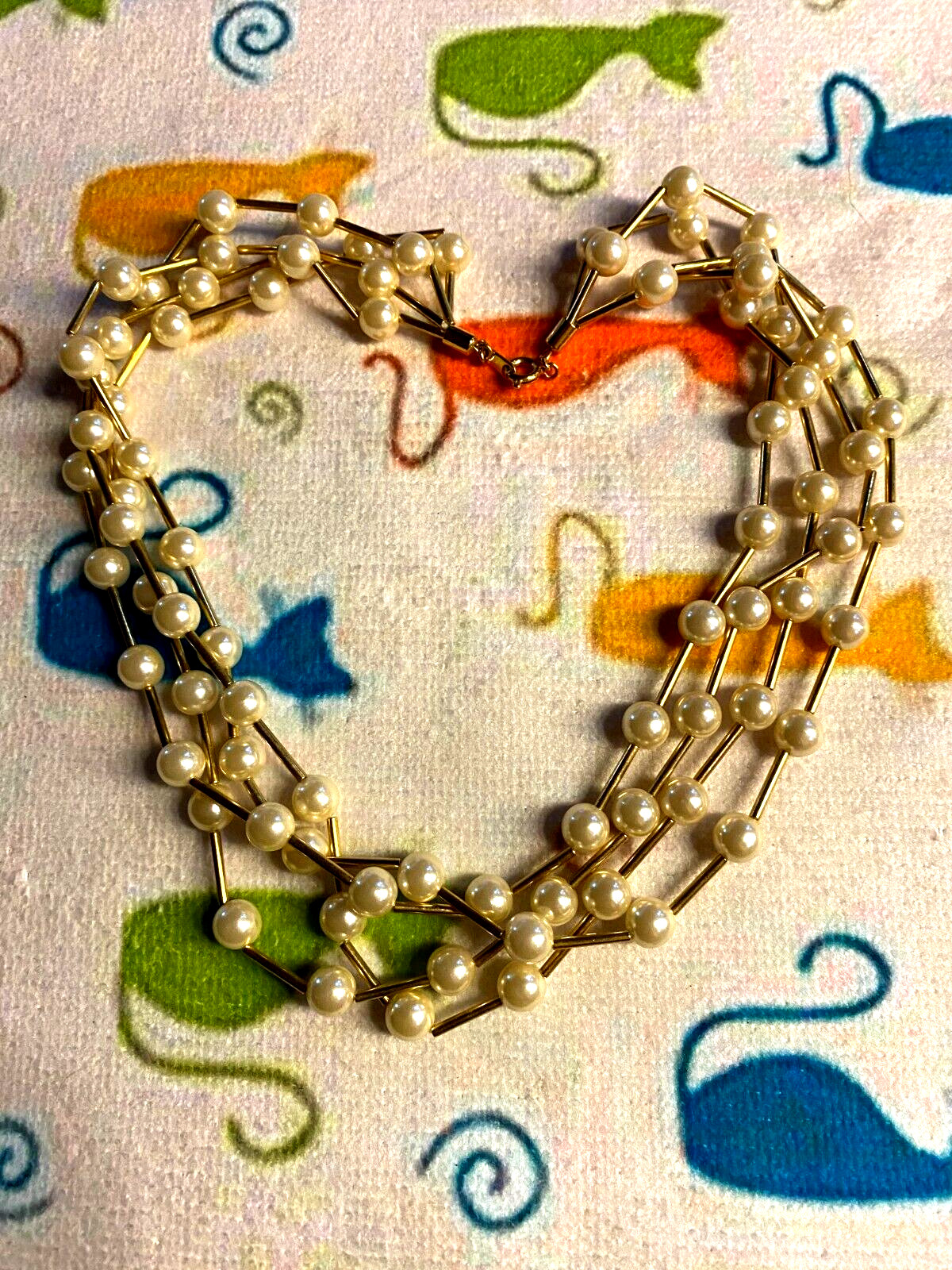 Four Strand Faux Pearl & Gold Tone Beaded Necklace Vintage 17"