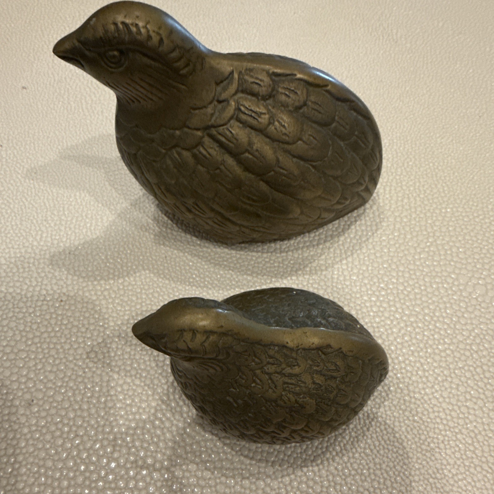 Vintage Solid Brass Quail Figurine Set (2) Handcrafted Korea Bird Paperweights