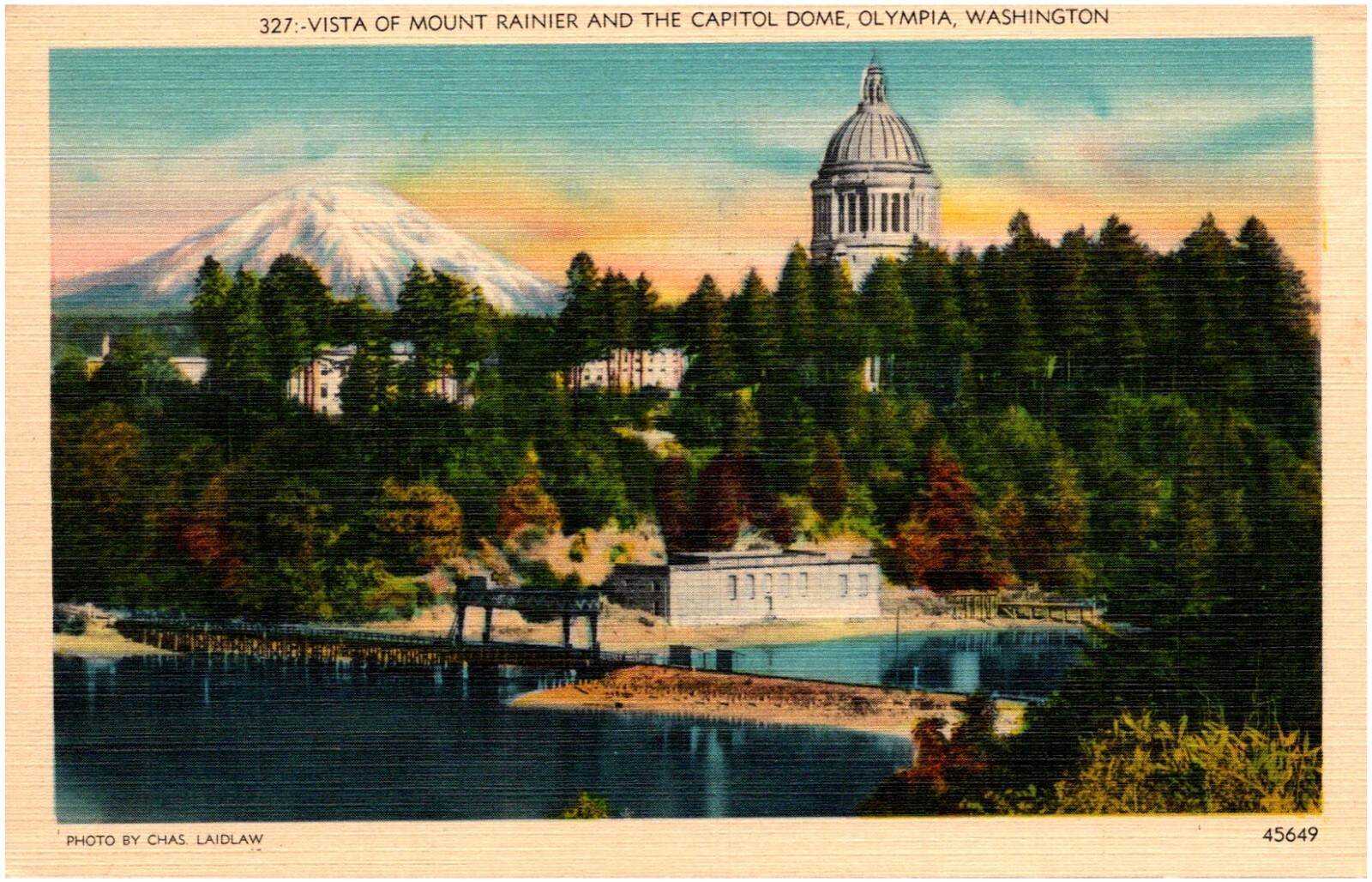 Vista of Mount Rainier & Capitol Dome Olympia Washington WA 1930s Linen Postcard