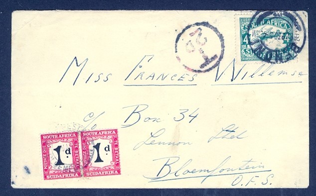 SOUTH AFRICA 1930 AIRMAIL SHORT PAID INTERNAL w/DUES
