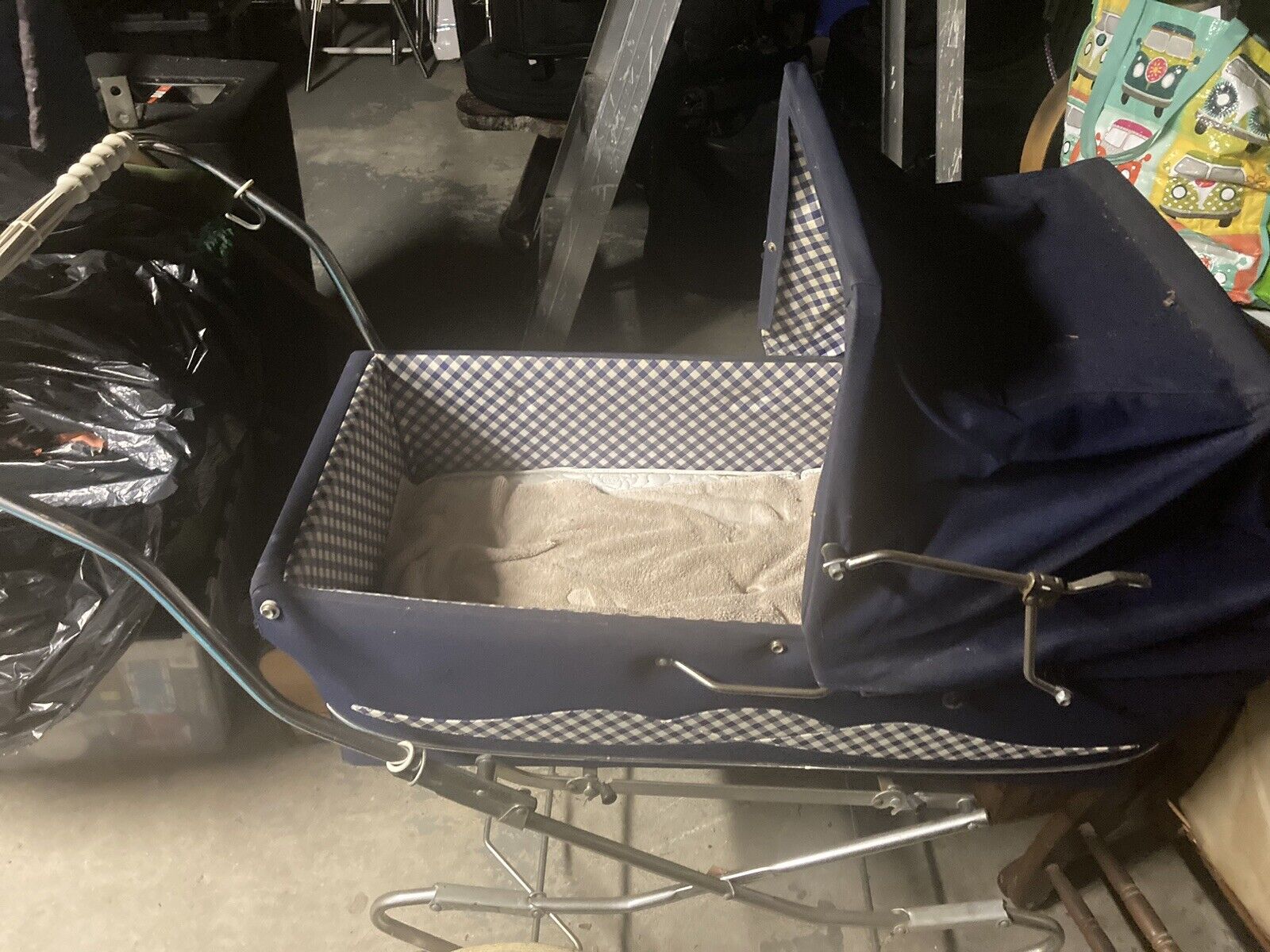 Vintage Baby Italian Stroller Metal Frame Canopy Blue Made In Italy